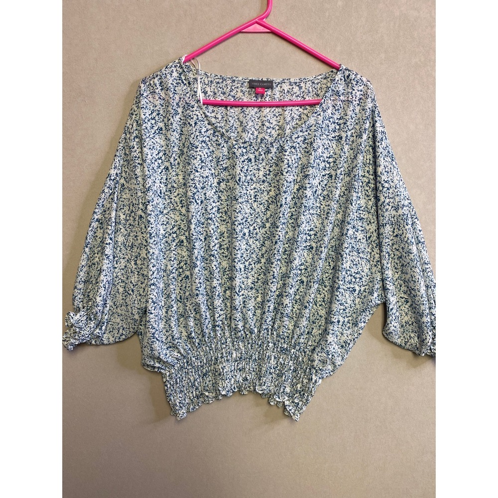 Vince Camuto Blue White Abstract Print Smocked Hem Dolman Sleeve Blouse XL